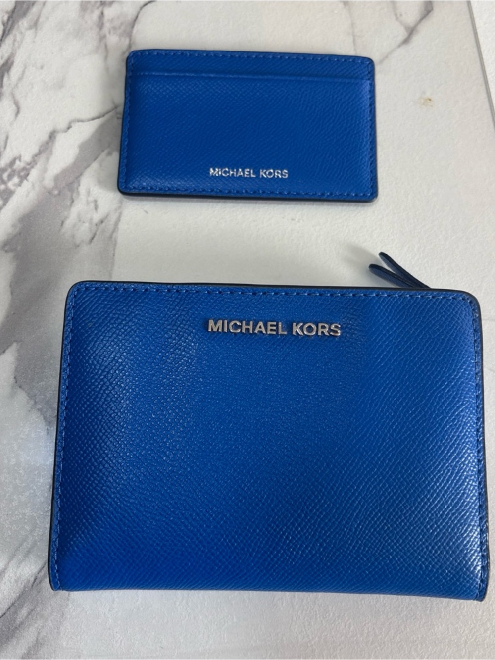 Michael Kors Blue Saffiano Zip Wallet with Matching Card Holder